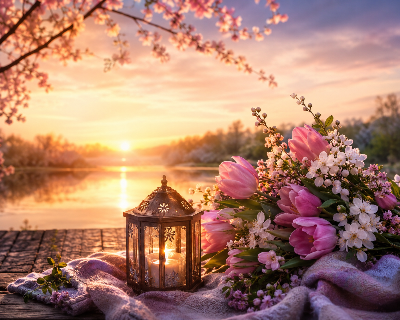 În lumina aurie a apusului, un buchet bogat de lalele roz și flori delicate se odihnește lângă un felinar aprins, pe malul liniștit al unui lac. Ramurile înflorite îmbrățișează cerul în nuanțe calde, iar reflexele soarelui pe apă par să transforme întreaga priveliște într-o promisiune de iubire, tandrețe și apropiere fără sfârșit.